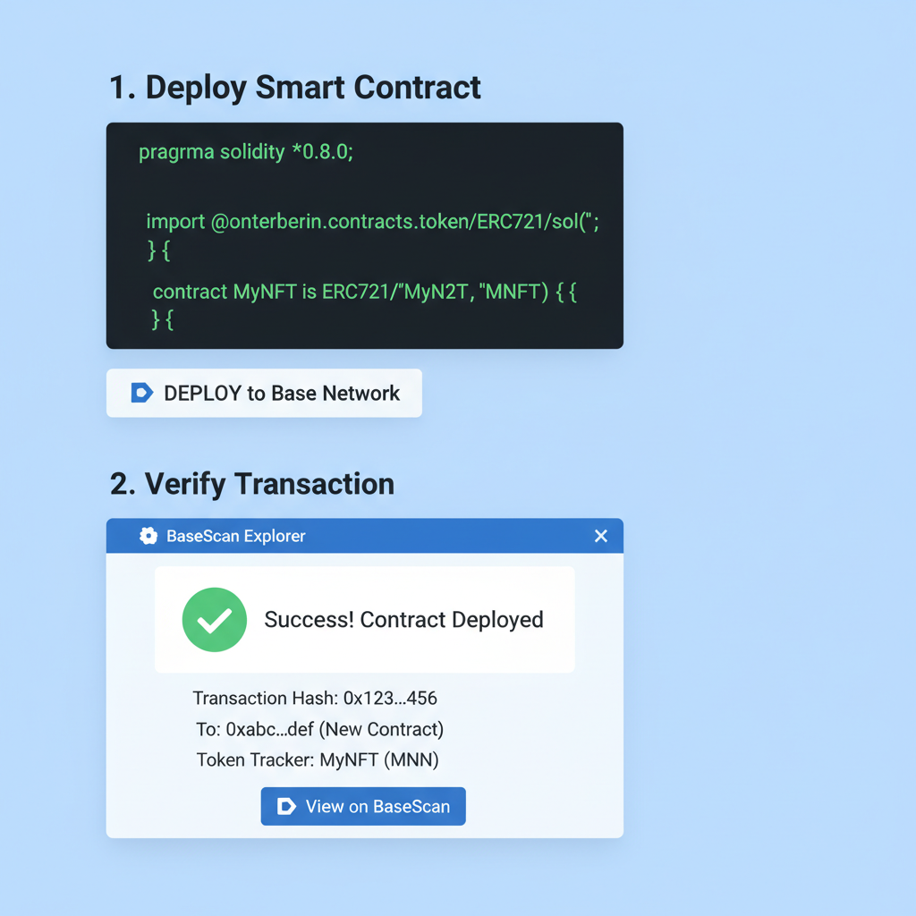 Solidity code snippet deploying ERC721 NFT contract on Base chain, blockchain explorer verification screen, green success checkmark