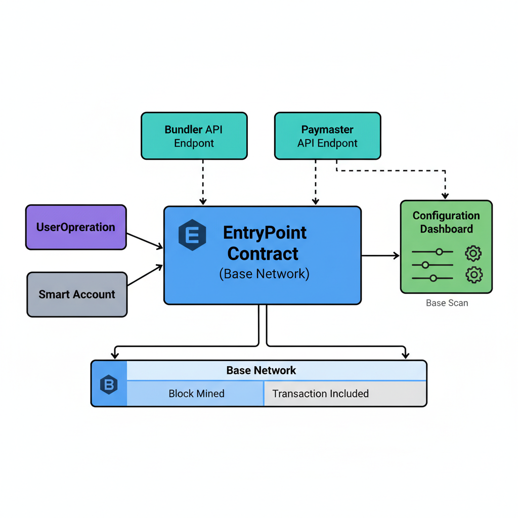 ERC-4337 EntryPoint diagram connected to Base network, bundler and paymaster API endpoints, configuration dashboard