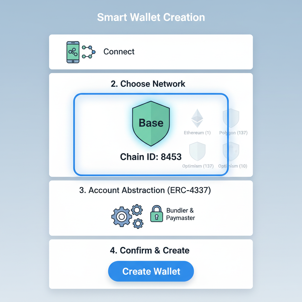 Smart wallet creation interface, ERC-4337 account abstraction flow, Base chain ID 8453 highlighted