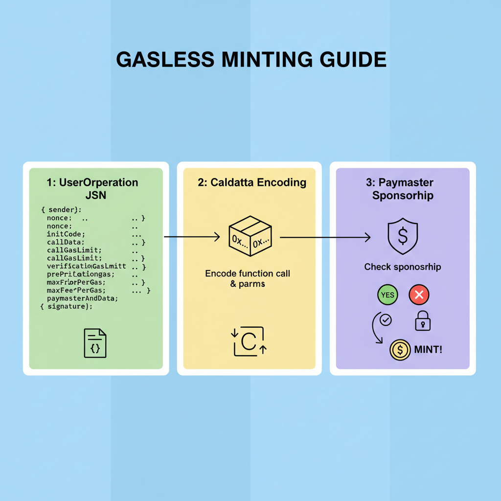 UserOperation JSON structure for gasless mint, calldata encoding, paymaster sponsorship check icons