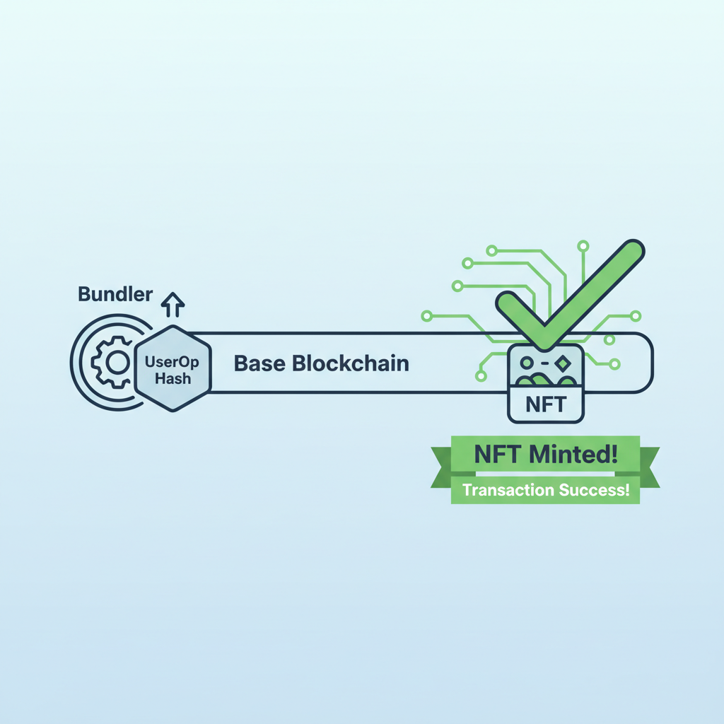 Bundler submission animation, UserOp hash propagating to Base blockchain, green transaction success with NFT minted