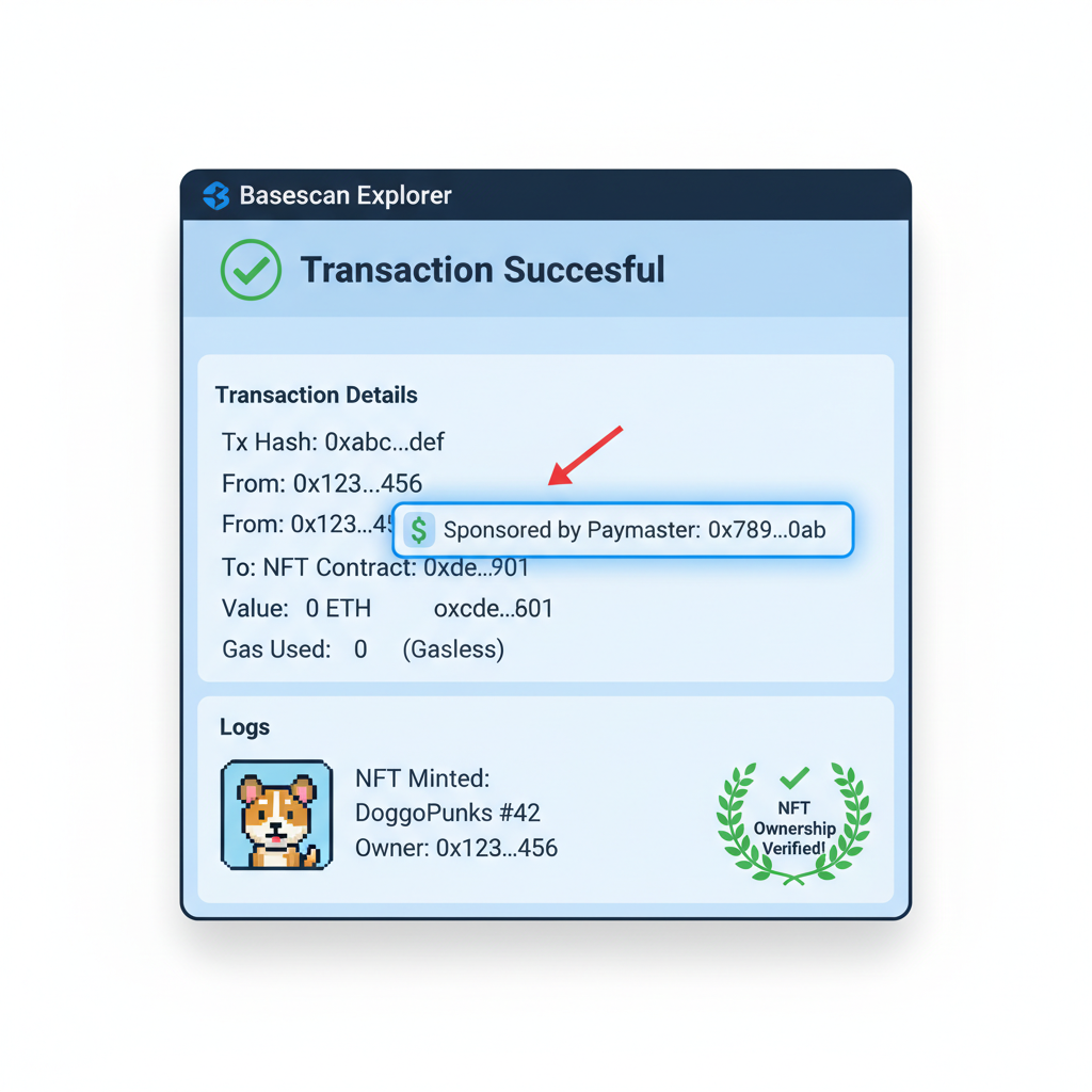 Basescan explorer showing gasless NFT mint tx, paymaster sponsorship highlighted, NFT ownership verified