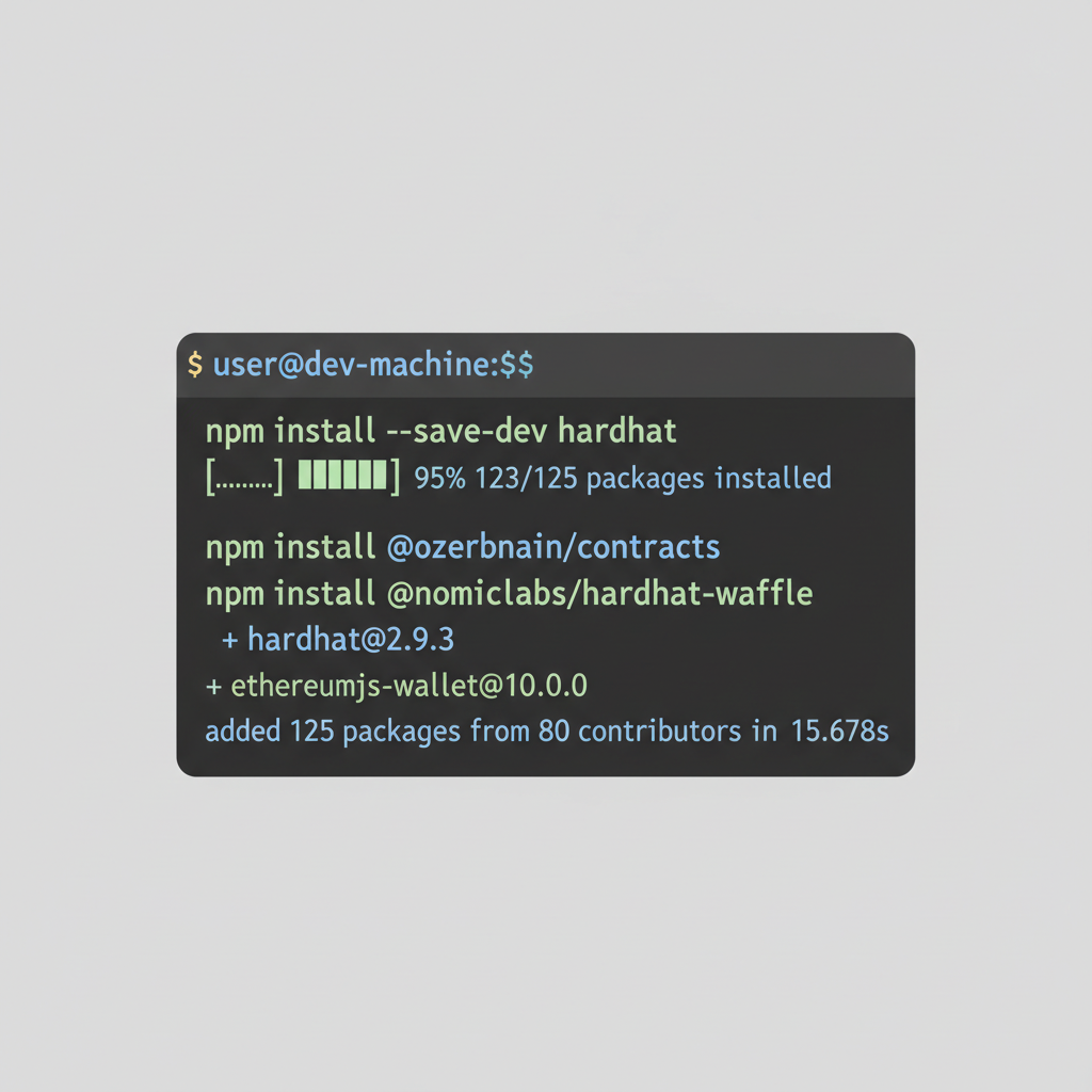 developer terminal installing Hardhat and Node.js packages, code on screen