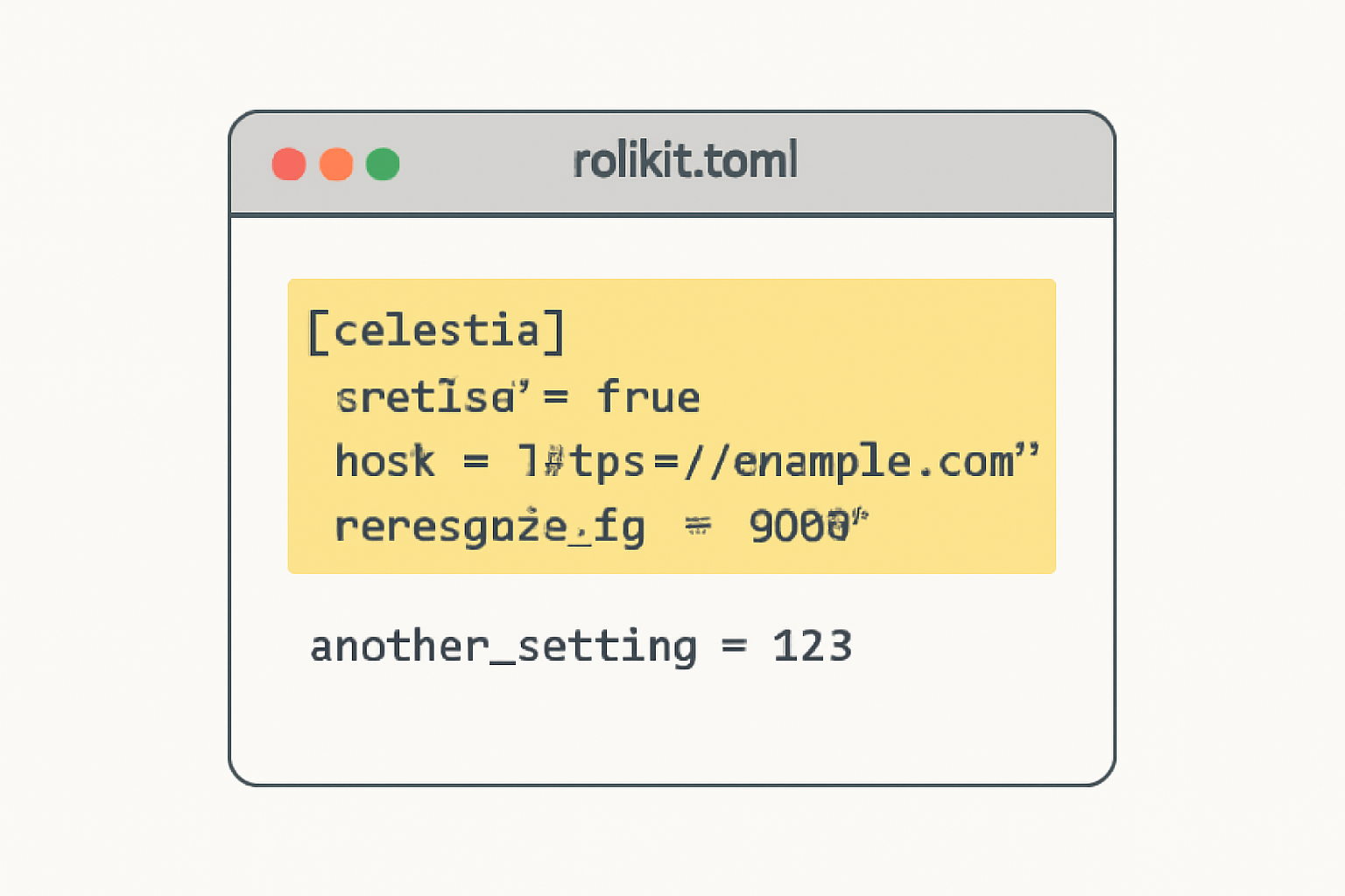 text editor open with rollkit.toml file, highlighted Celestia DA settings