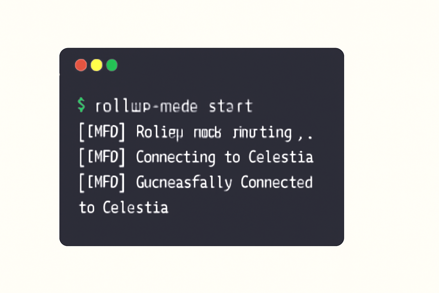 terminal window showing rollup node starting, logs indicating successful connection to Celestia