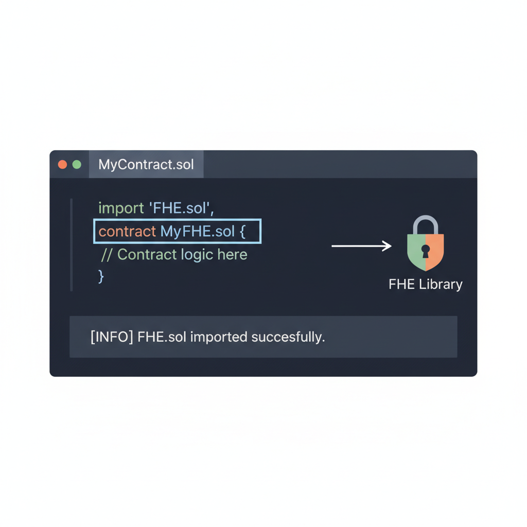code editor showing Solidity contract import FHE.sol