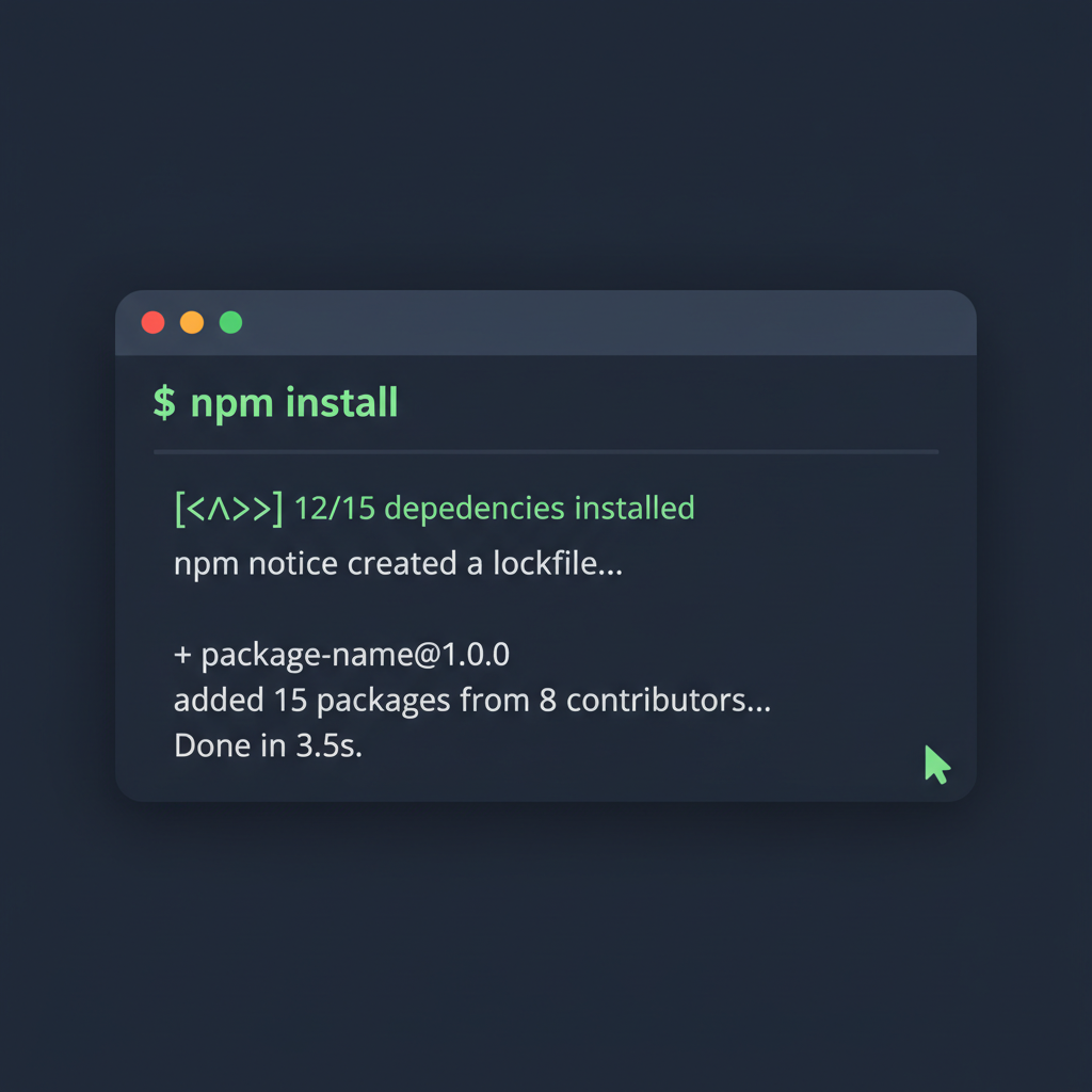 developer terminal running npm install command, dark mode code theme