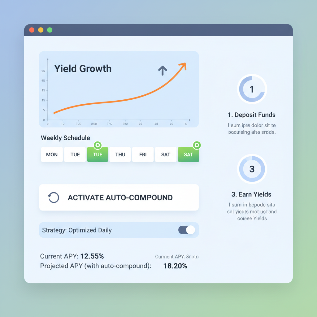 auto-compound yields interface with weekly schedule, upward yield growth chart