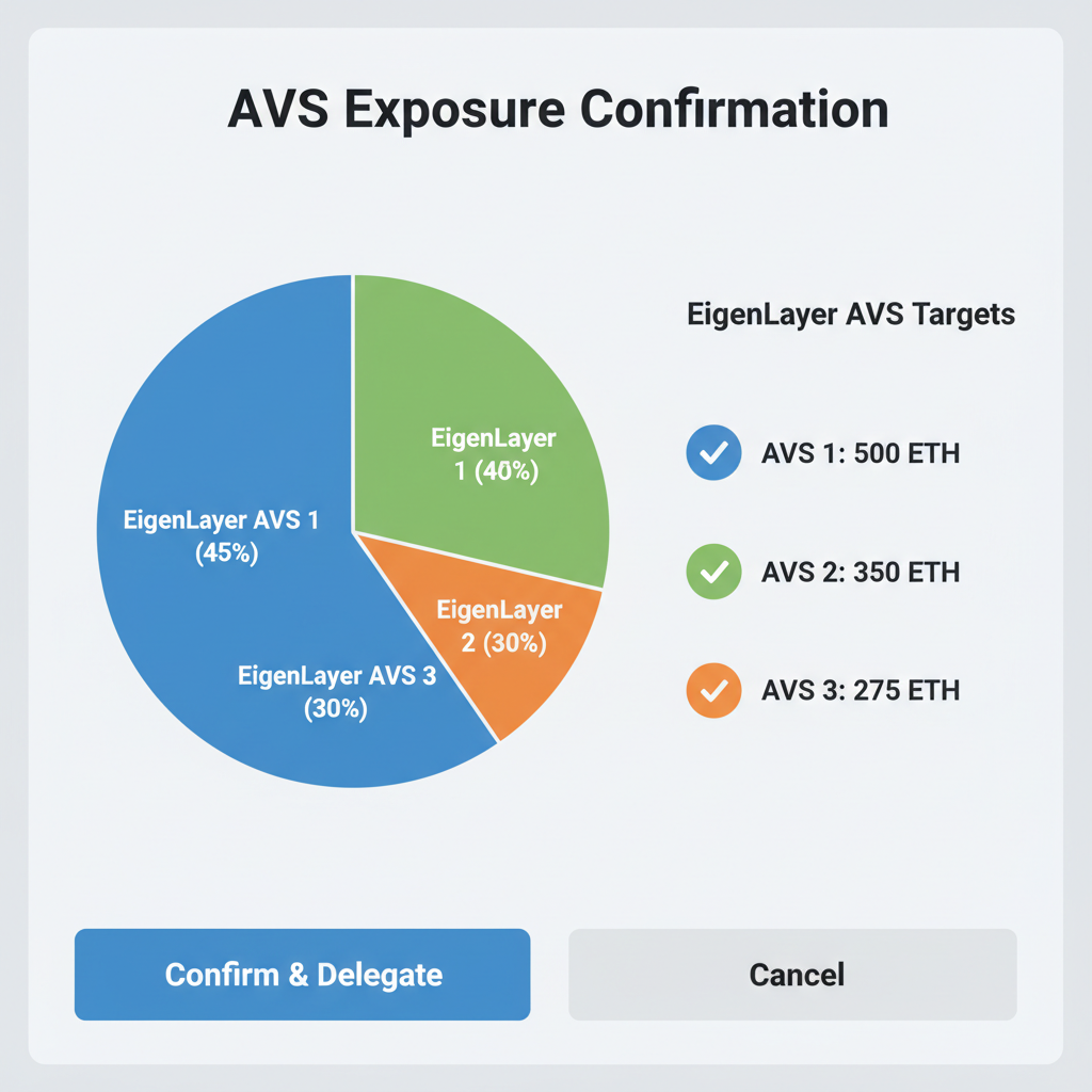 AVS exposure confirmation screen with pie chart allocations, EigenLayer AVS targets