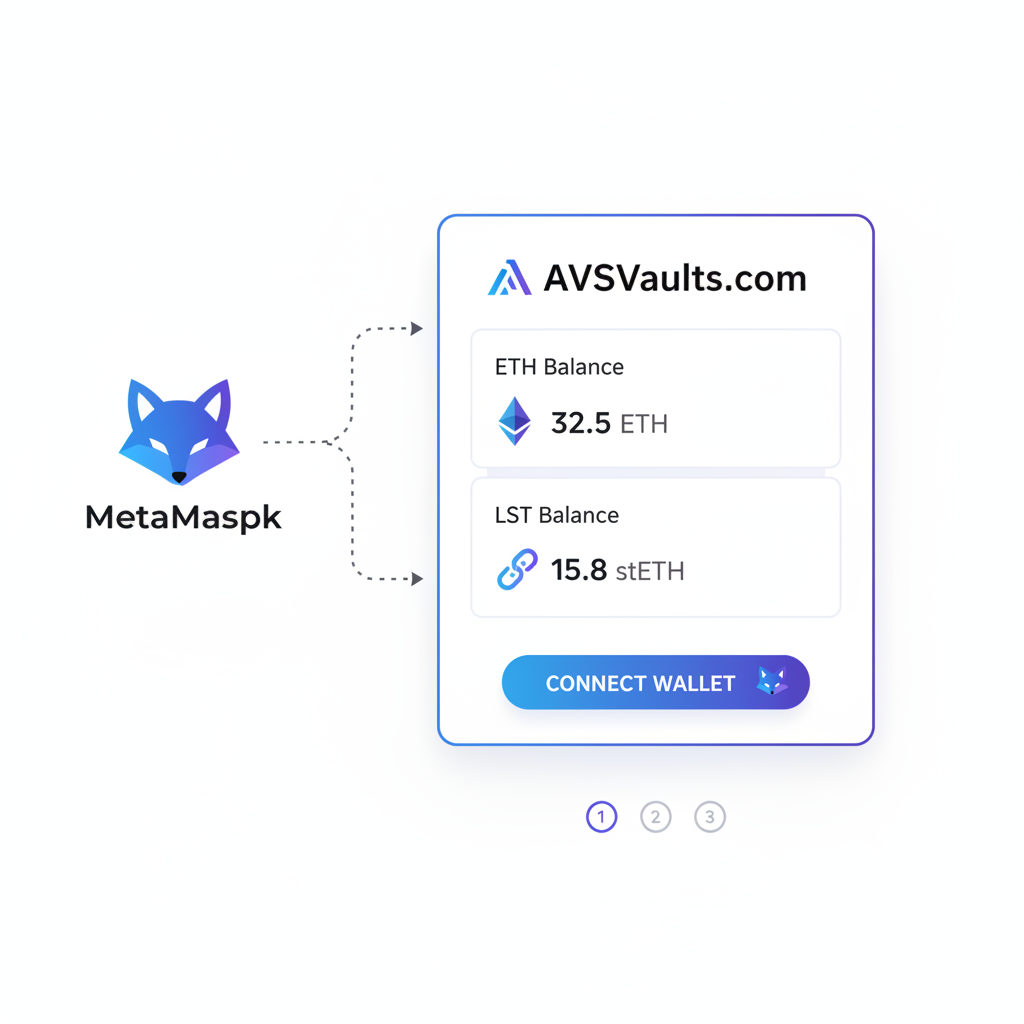 modern crypto dashboard connecting MetaMask wallet to AVSVaults.com, ETH and LST balances visible