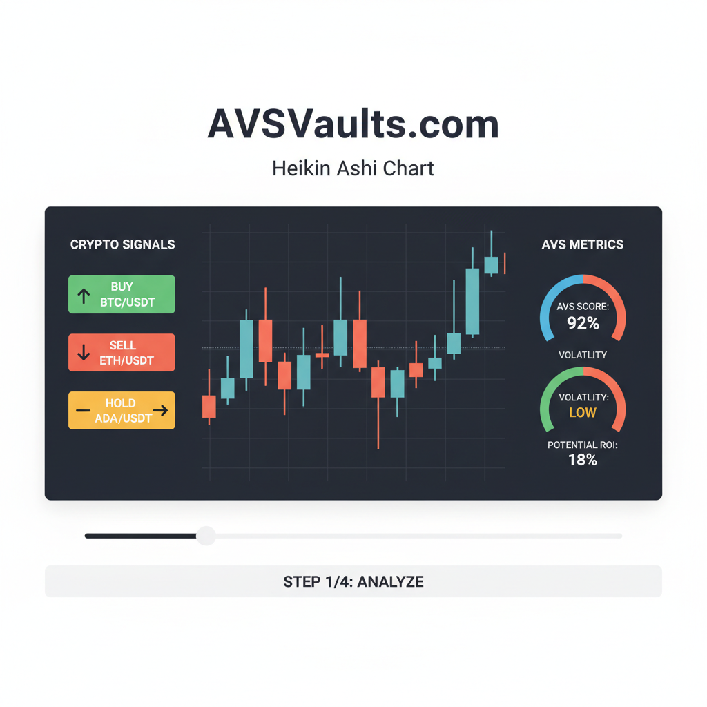 Heikin Ashi candlestick chart dashboard on AVSVaults.com, crypto signals and AVS metrics