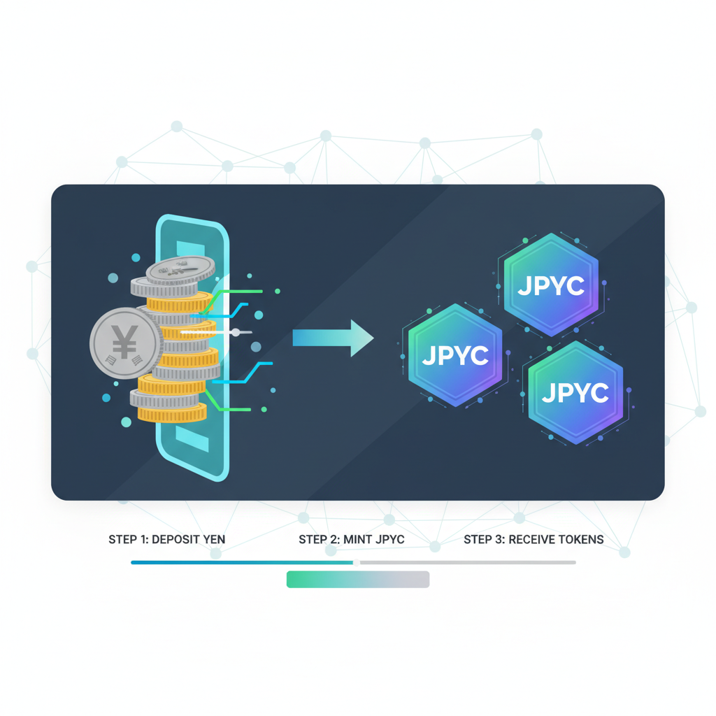 sleek digital minting interface, yen coins transforming into glowing JPYC tokens, futuristic blockchain glow