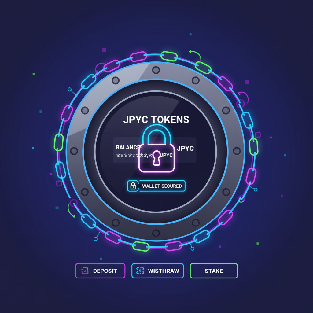 secure crypto wallet interface with JPYC tokens, locked vault aesthetic, neon blockchain chains