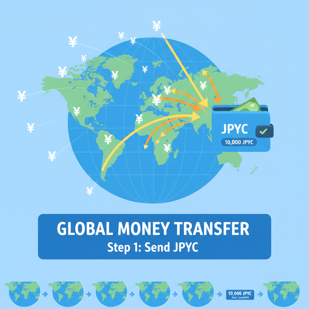 global money transfer animation, arrows of JPYC flowing into wallet, world map with yen symbols