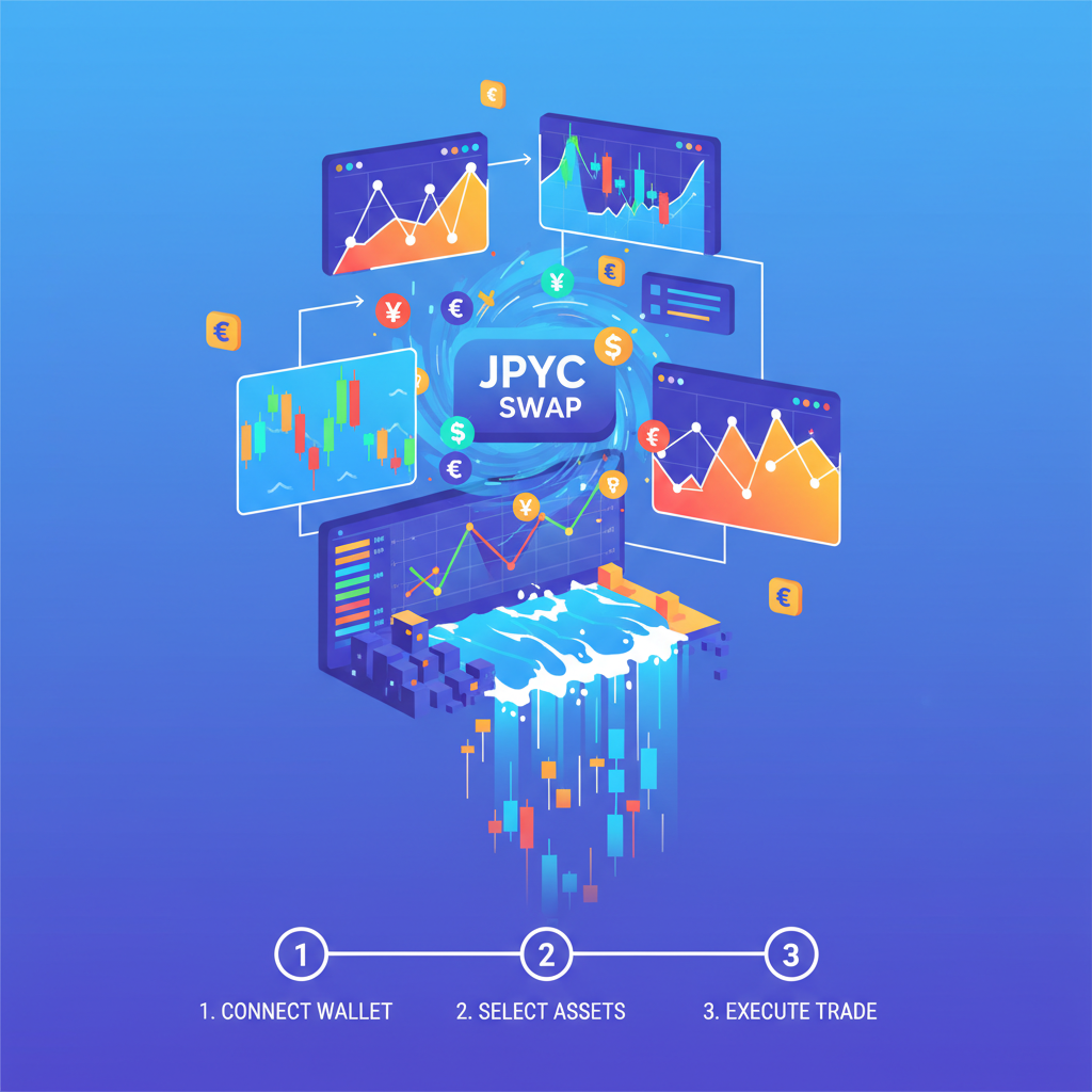explosive DeFi trading dashboard, JPYC swapping to charts, volatility waves breaking