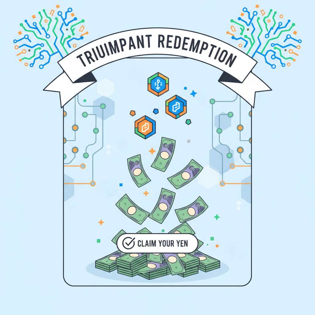 triumphant redemption screen, JPYC burning to yen bills, victory fireworks blockchain style