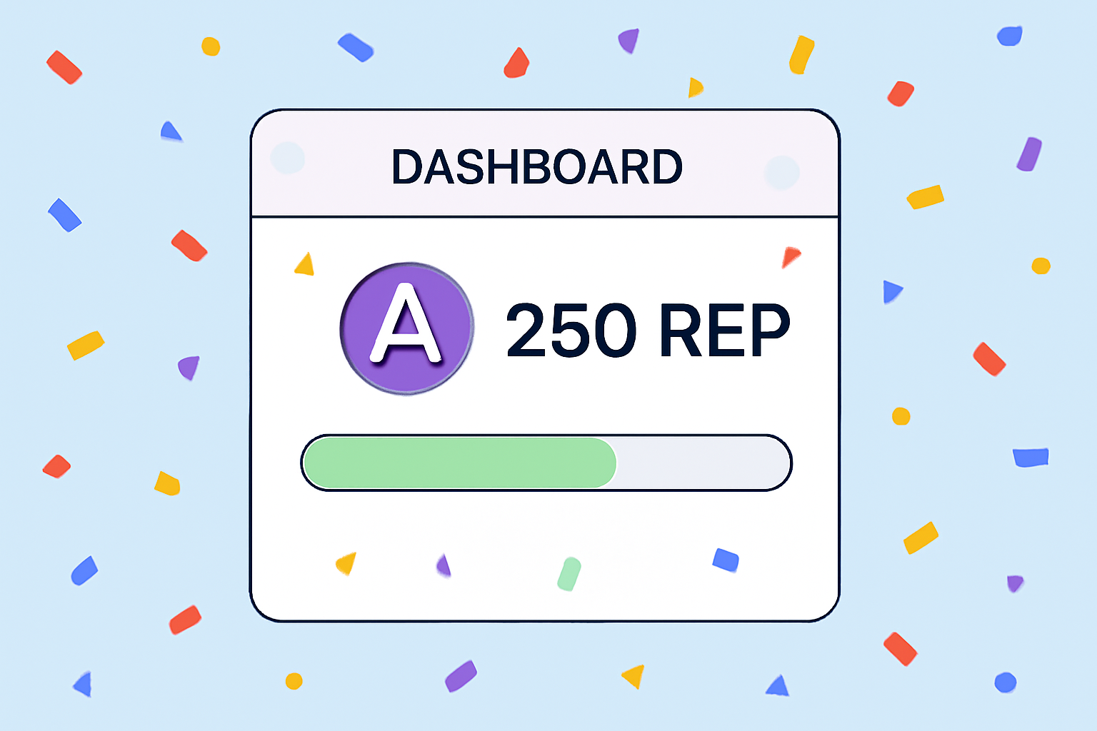 A digital dashboard showing a growing balance of REP tokens, with celebratory confetti and a progress bar.
