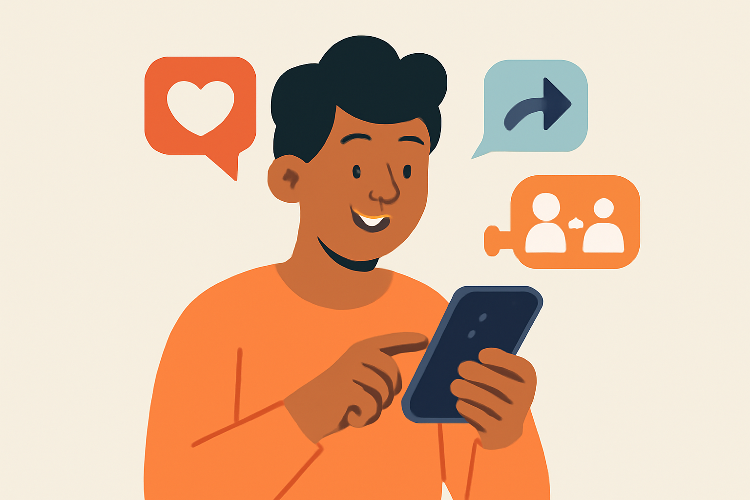 A cheerful person completing social media tasks on their phone, with icons for likes, shares, and referrals floating around.