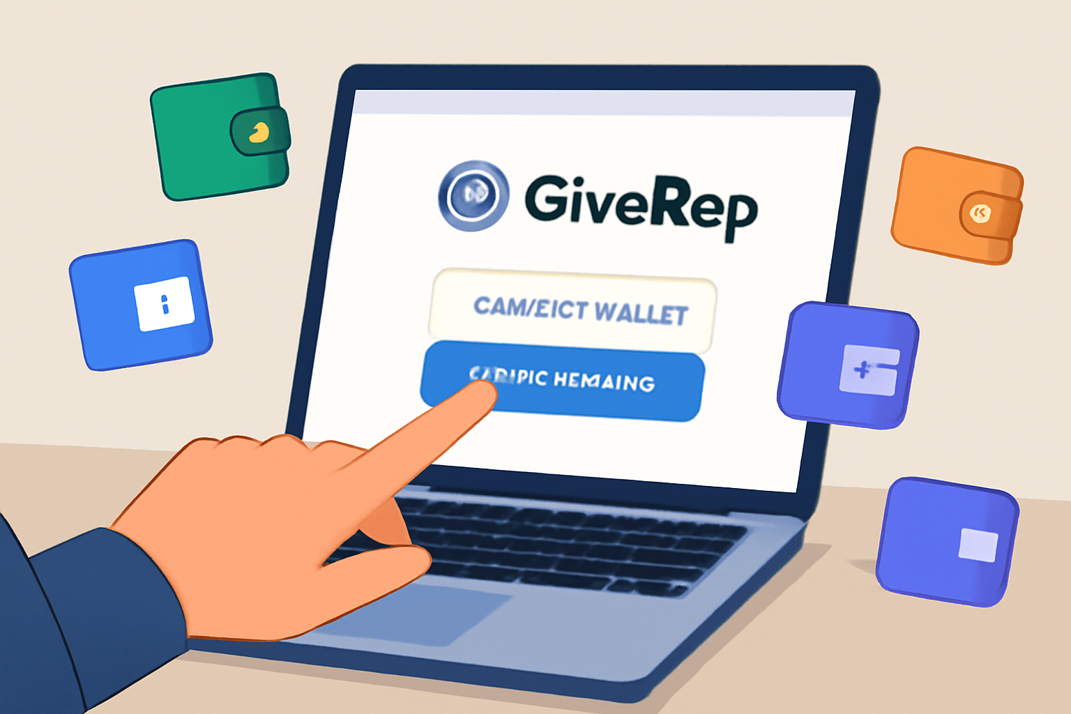 A user clicking 'Connect Wallet' on a laptop screen displaying the GiveRep platform, with digital wallet icons floating around.