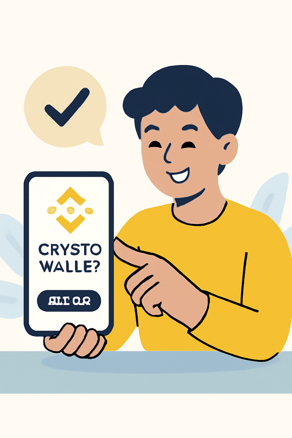 A person happily setting up a crypto wallet on their phone, with Binance logo visible, in a bright, modern style.