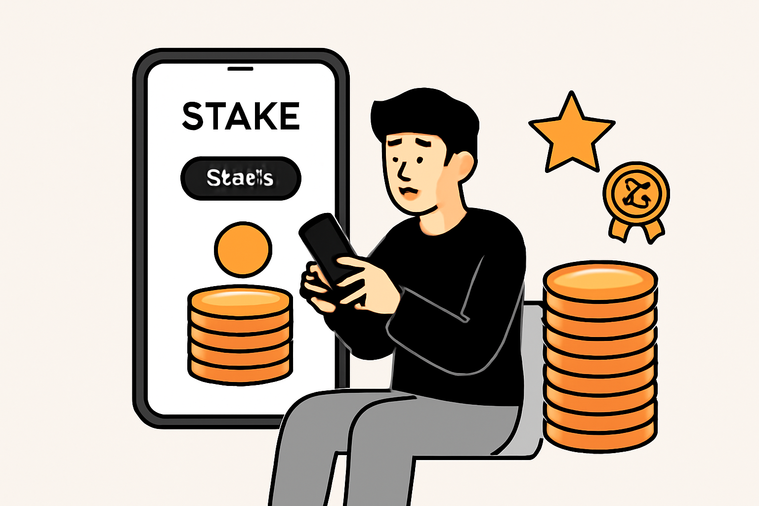 A user staking tokens on a sleek app interface, with coins stacking up and reward icons like stars and badges appearing.