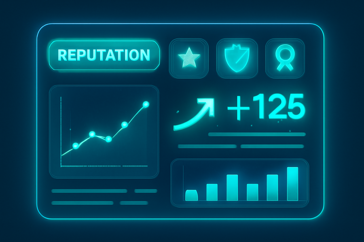 A futuristic dashboard with graphs, badges, and a rising reputation score, all glowing with positive energy.