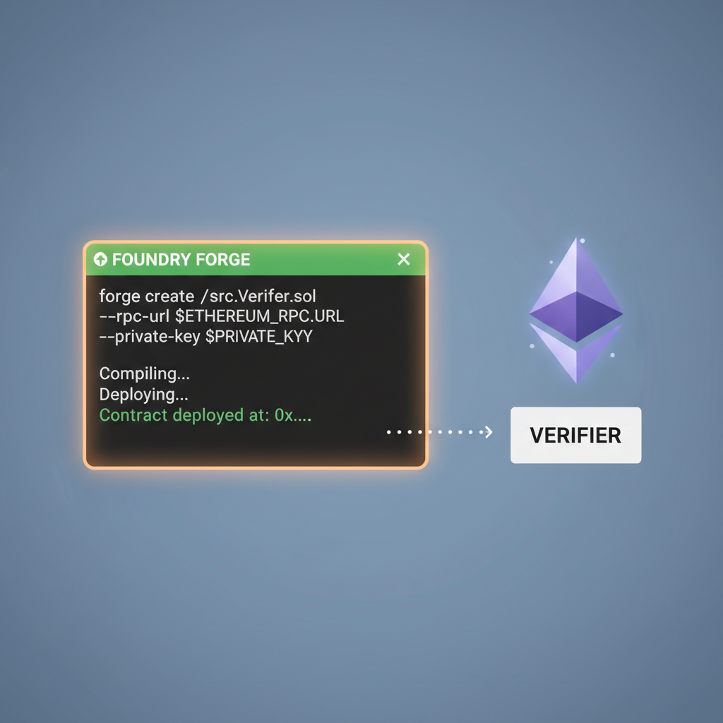 Foundry forge create command deploying Solidity verifier contract, Ethereum logo