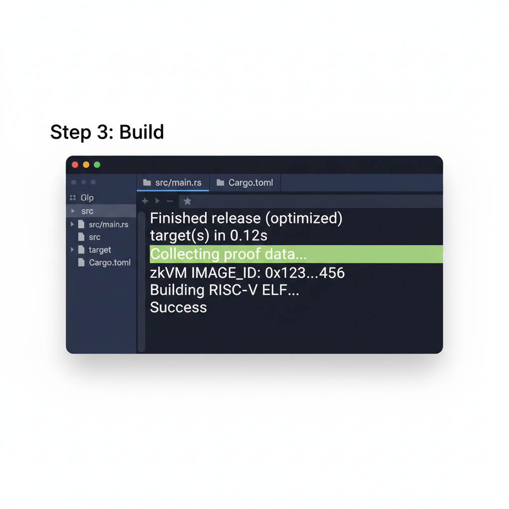Rust Cargo build output showing zkVM IMAGE_ID hash, code editor background