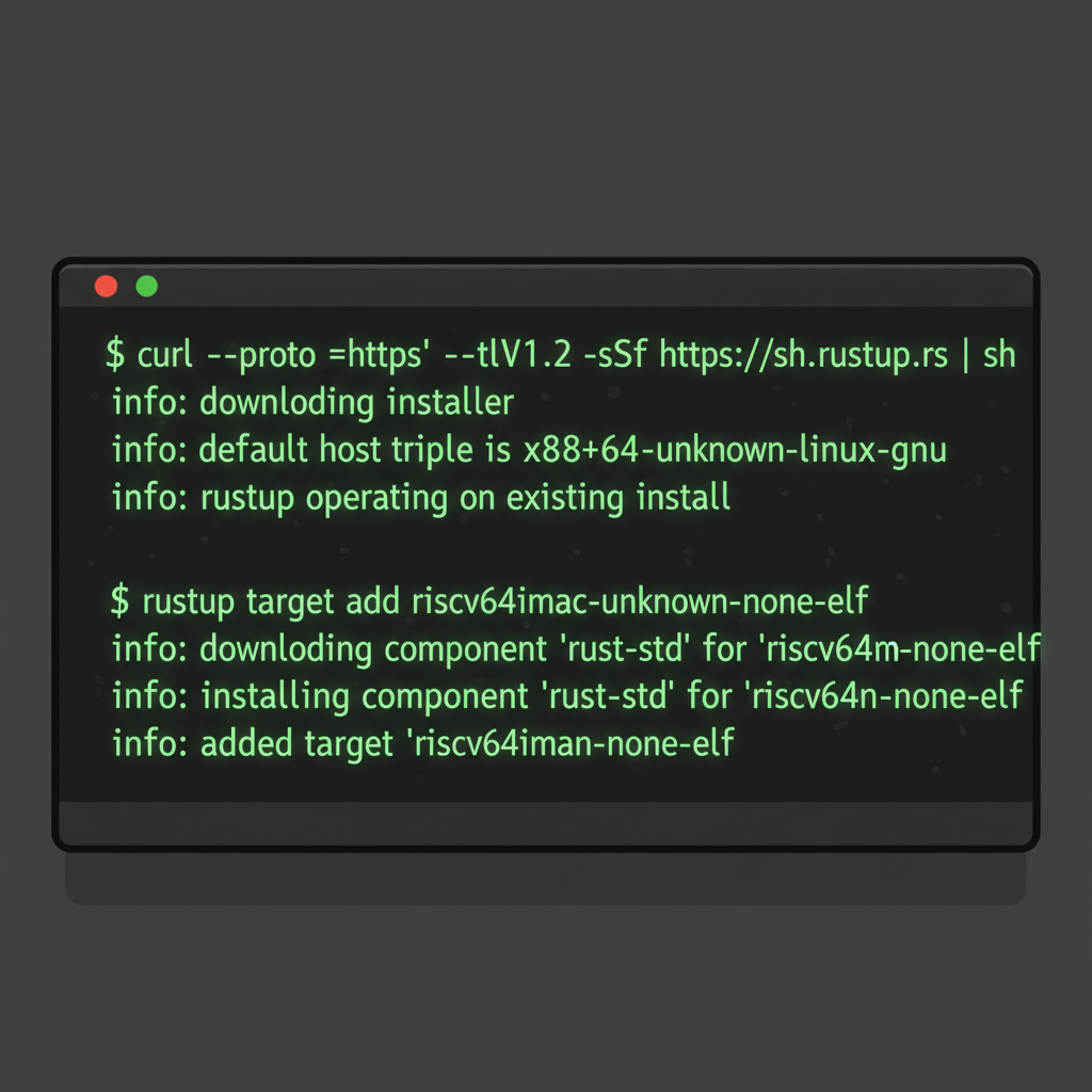 dark terminal installing rustup and adding riscv target, green success messages, code glow