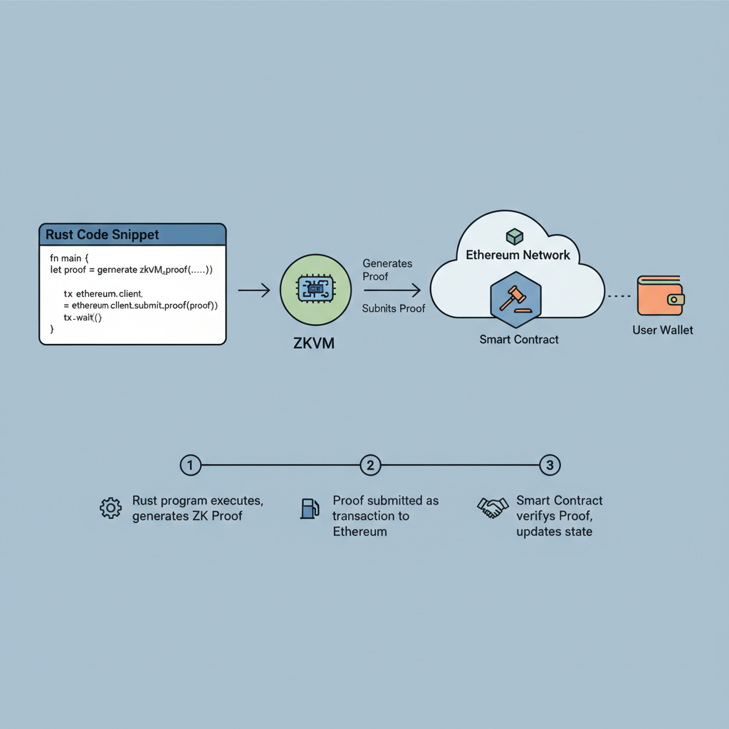 Rust code snippet submitting zkVM proof to Ethereum contract, network diagram