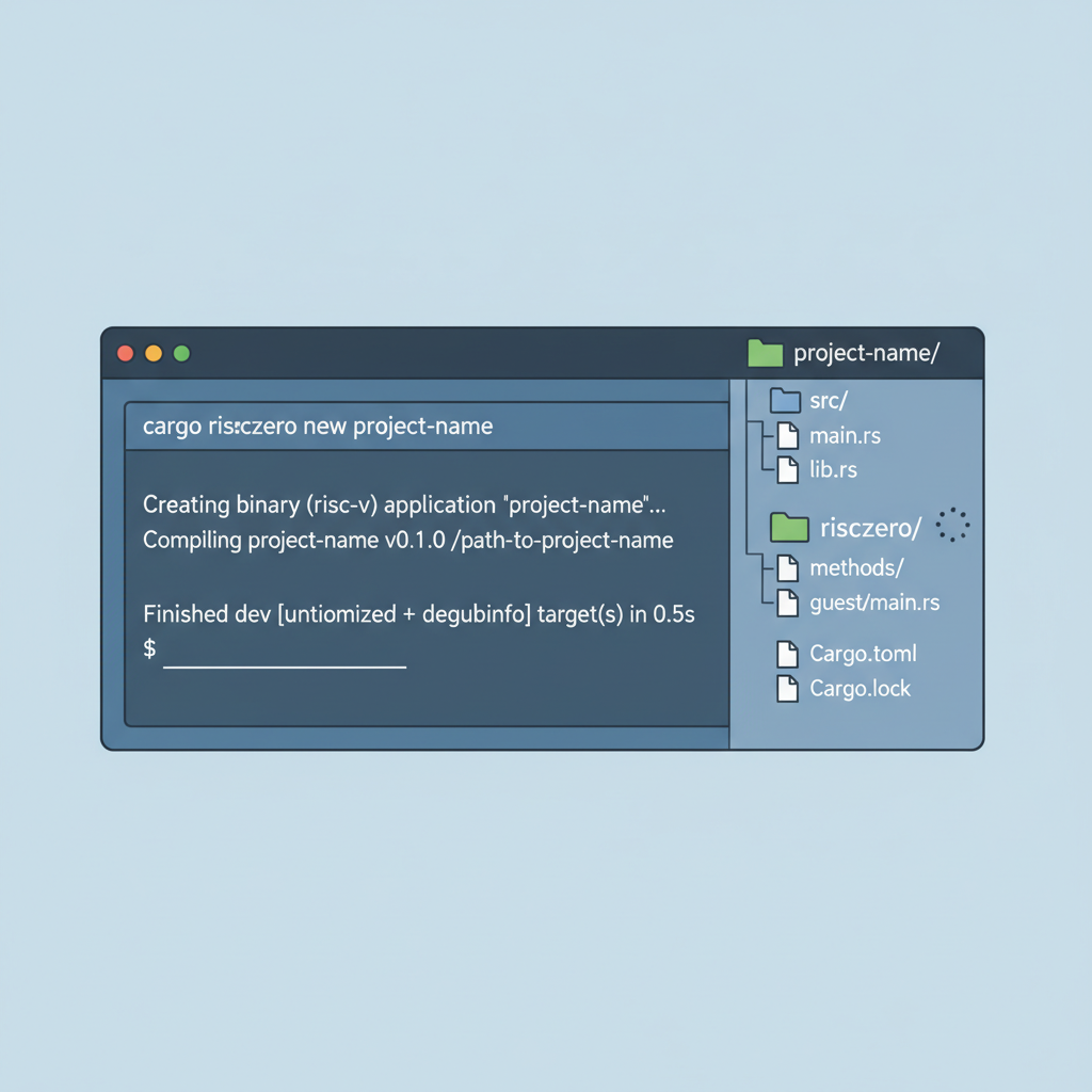 terminal running cargo risczero new, project folders generating, file tree