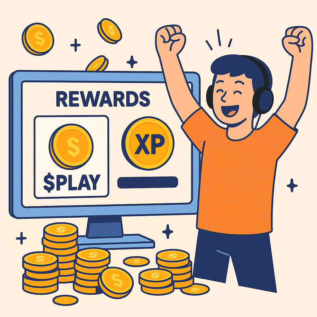 A rewards dashboard overflowing with $PLAY tokens and XP points, with a gamer celebrating