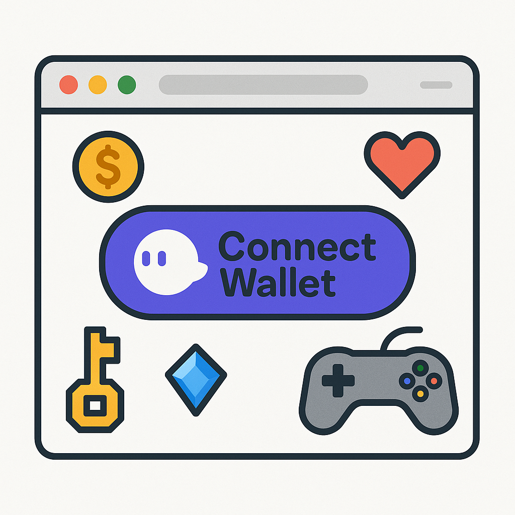 A browser window showing a connect wallet button, with the Phantom logo and gaming elements