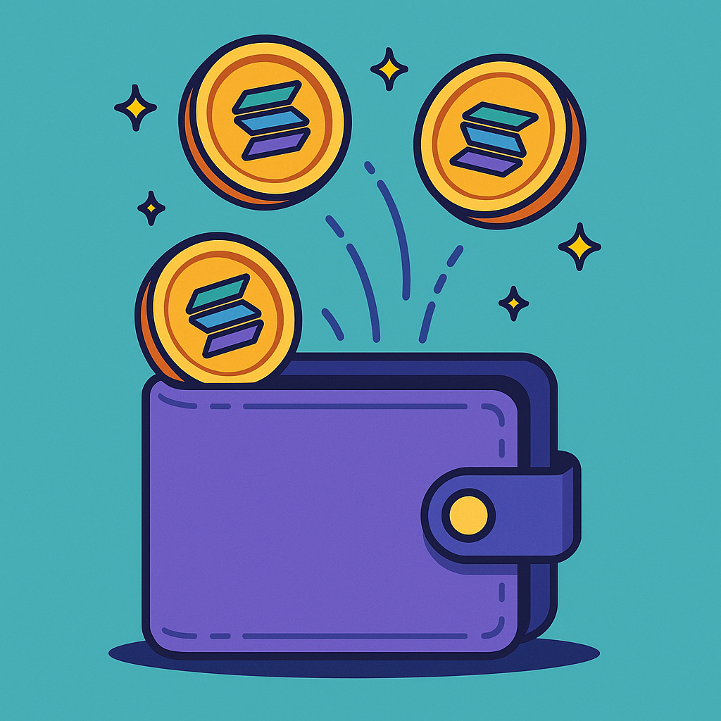 A digital wallet receiving shiny SOL coins, with a playful gaming vibe