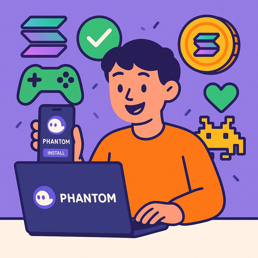 A cheerful person installing Phantom Wallet on their laptop and phone, with vibrant Solana and gaming icons in the background