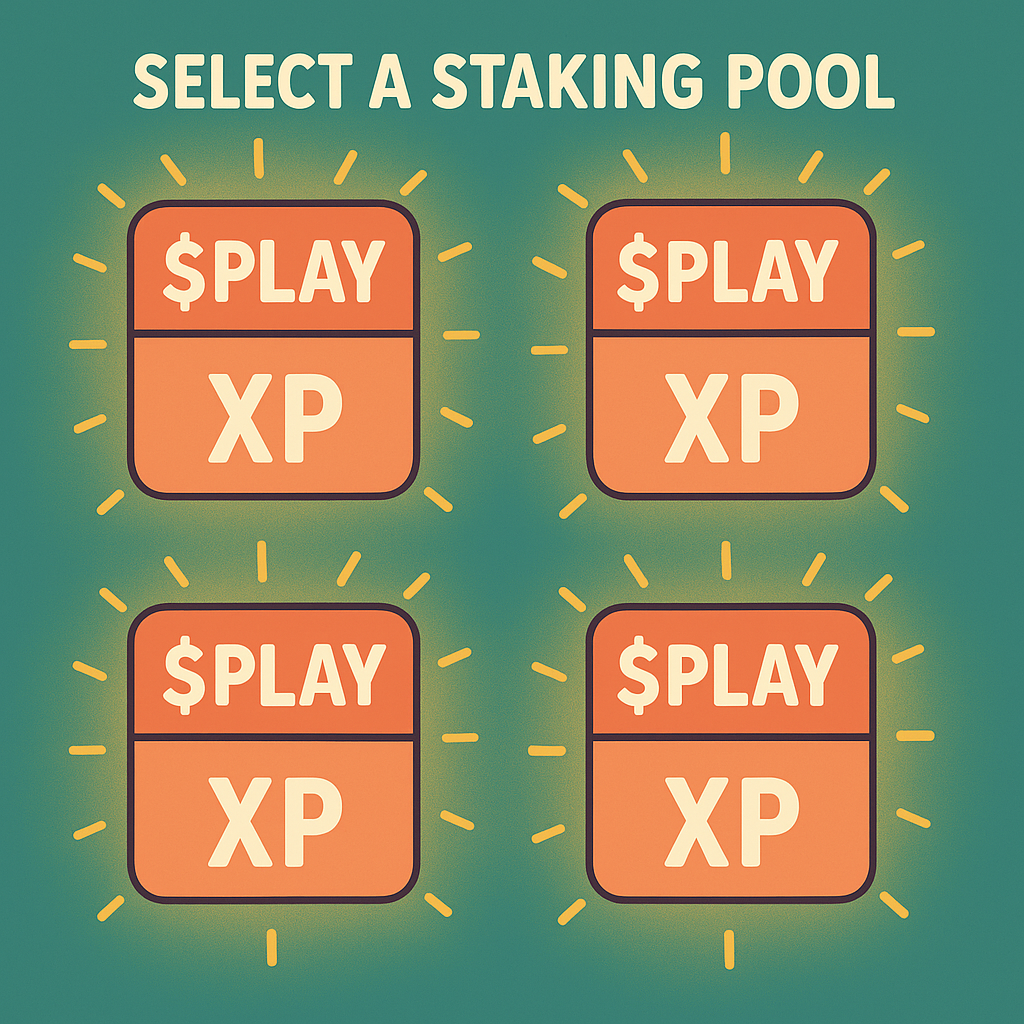 A selection screen with different staking pools, each labeled with $PLAY and XP, glowing with excitement