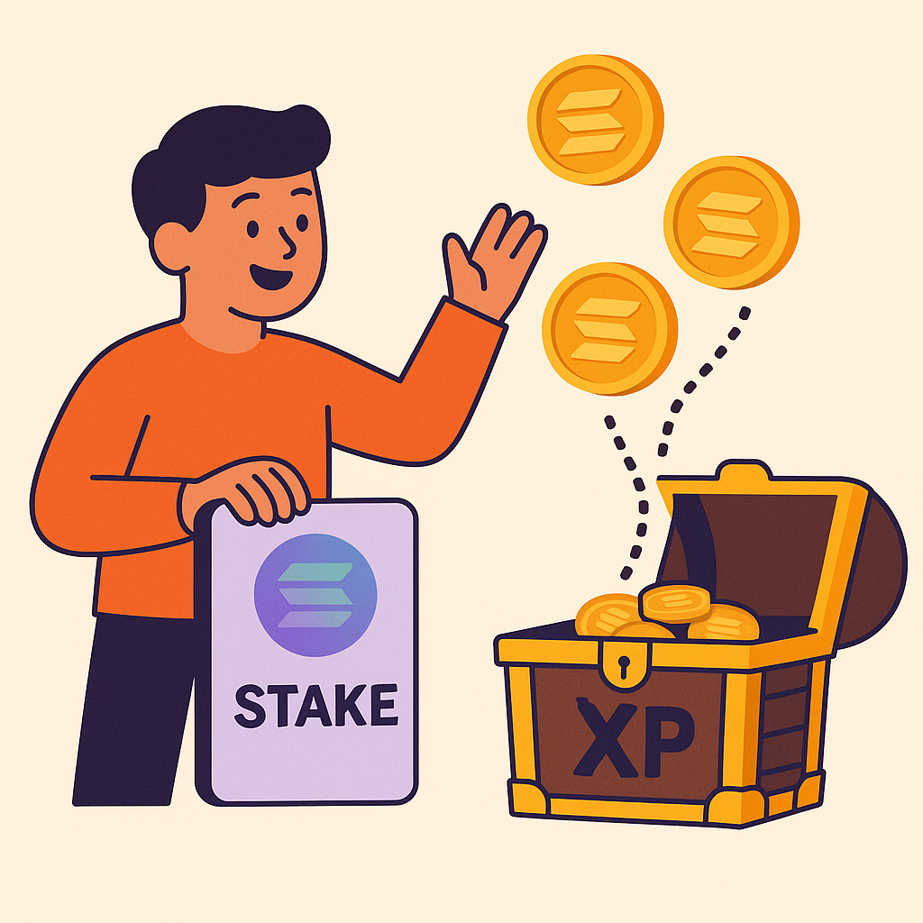 A user happily staking SOL, with coins moving into a treasure chest marked with $PLAY and XP