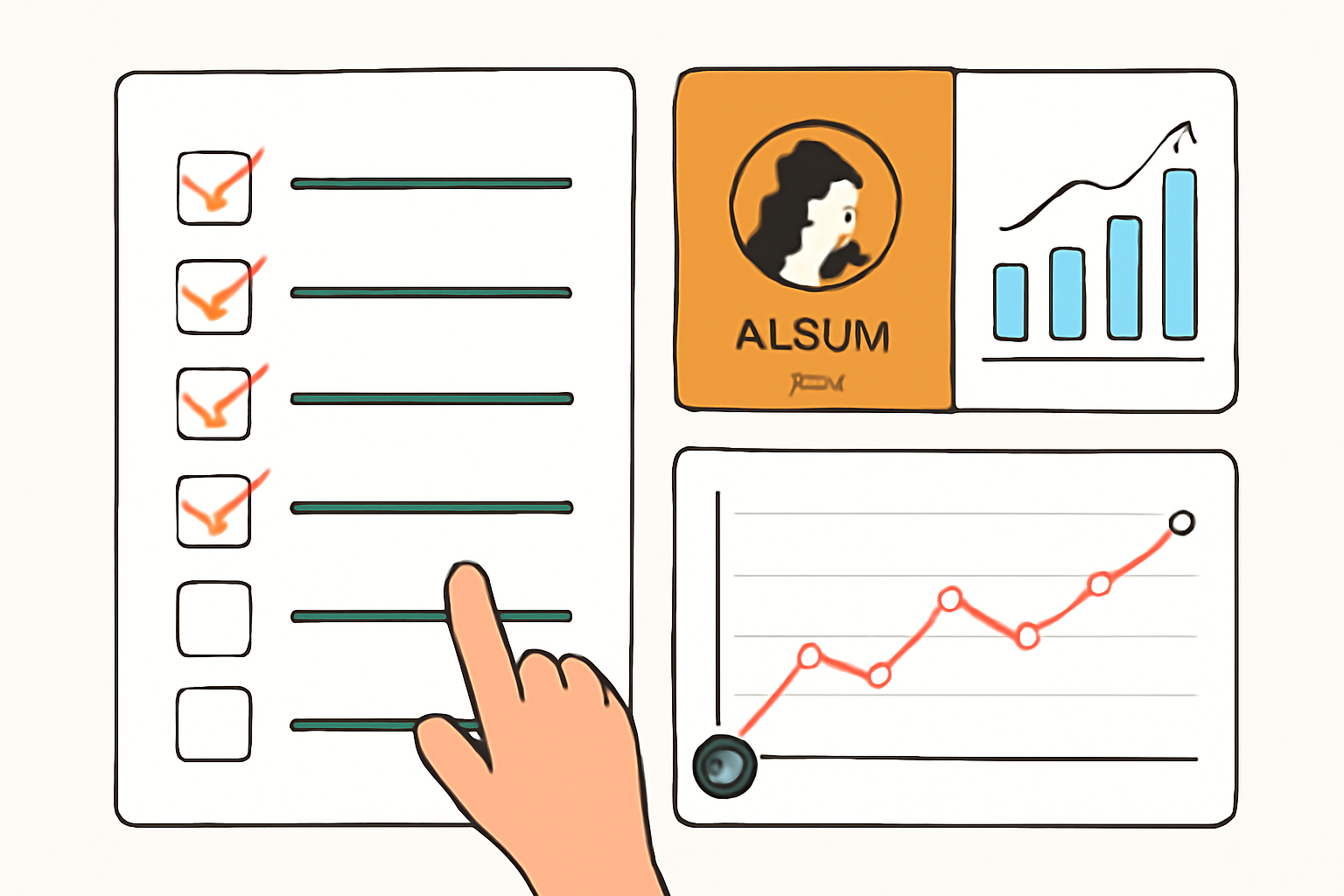 A checklist next to album covers and charts, with graphs showing music streaming trends and artist popularity.
