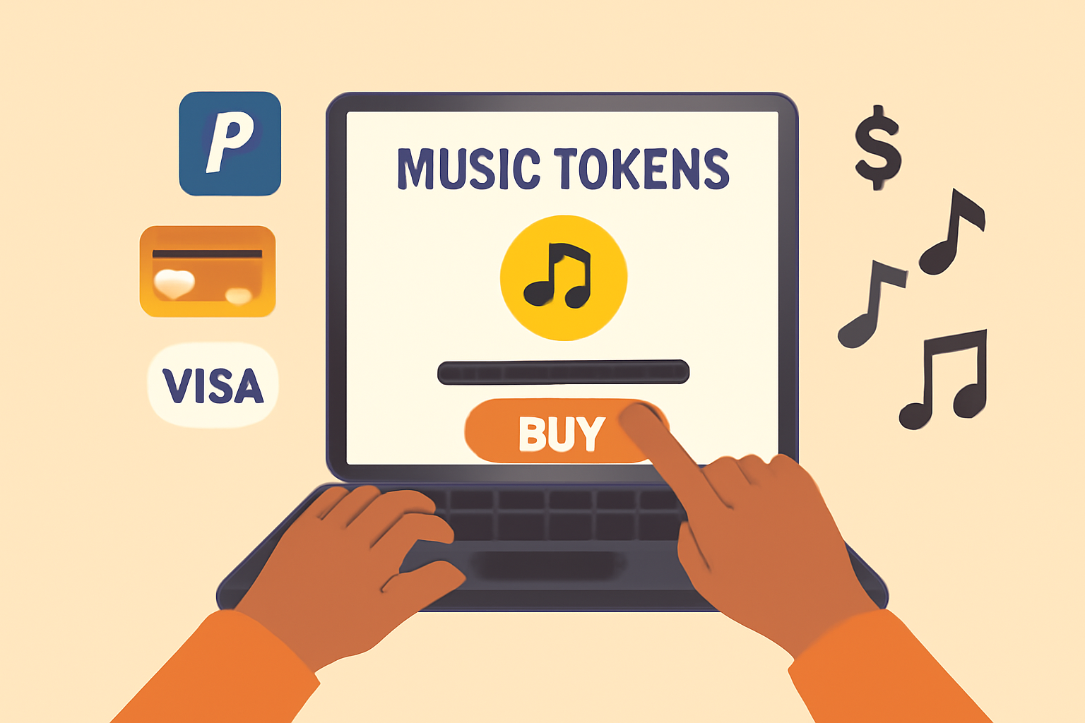 A person completing an online purchase of music tokens on a laptop, with payment icons and music symbols.