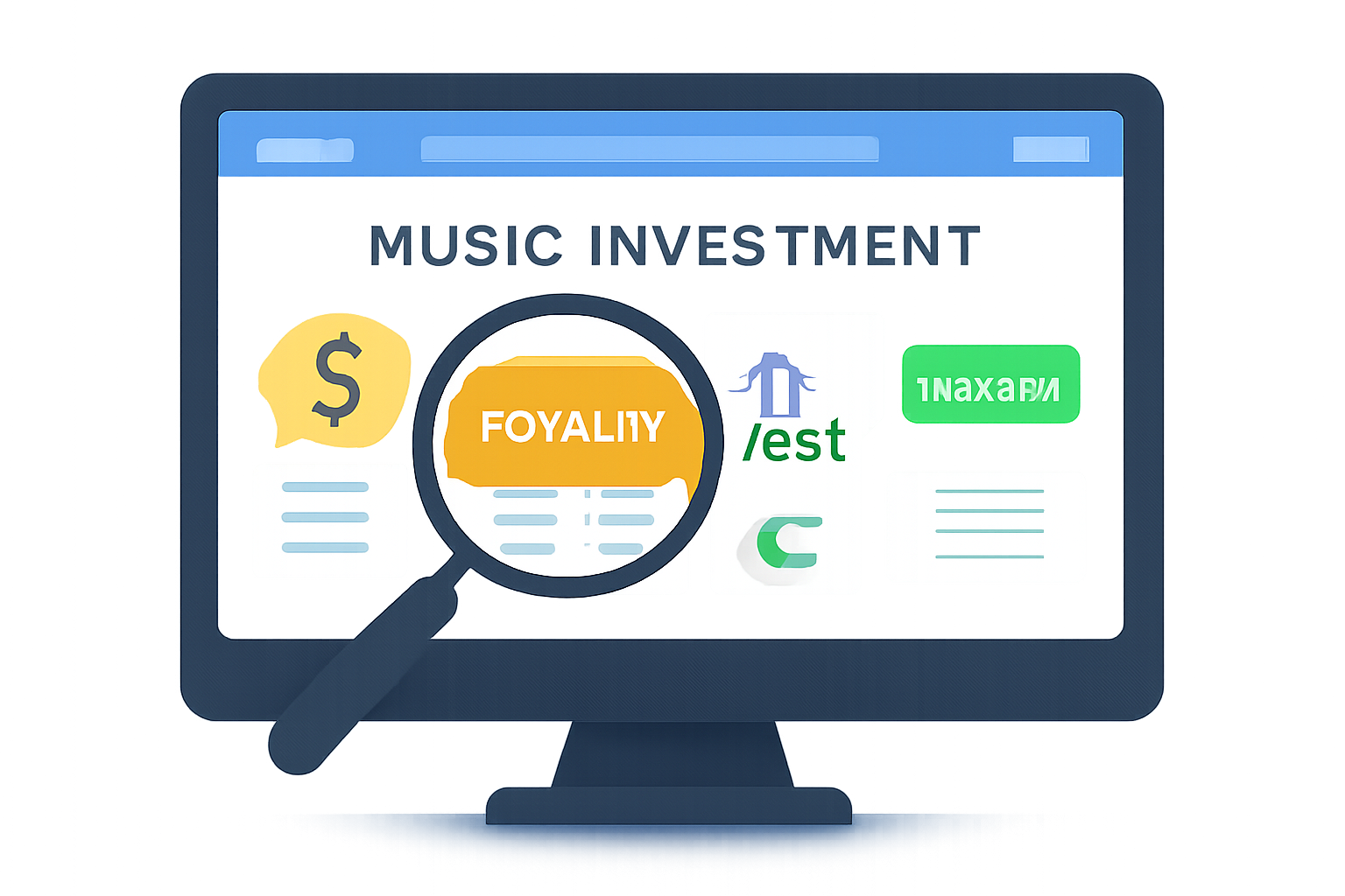 A computer screen displaying different music investment platform logos and interface previews, with a magnifying glass highlighting them.