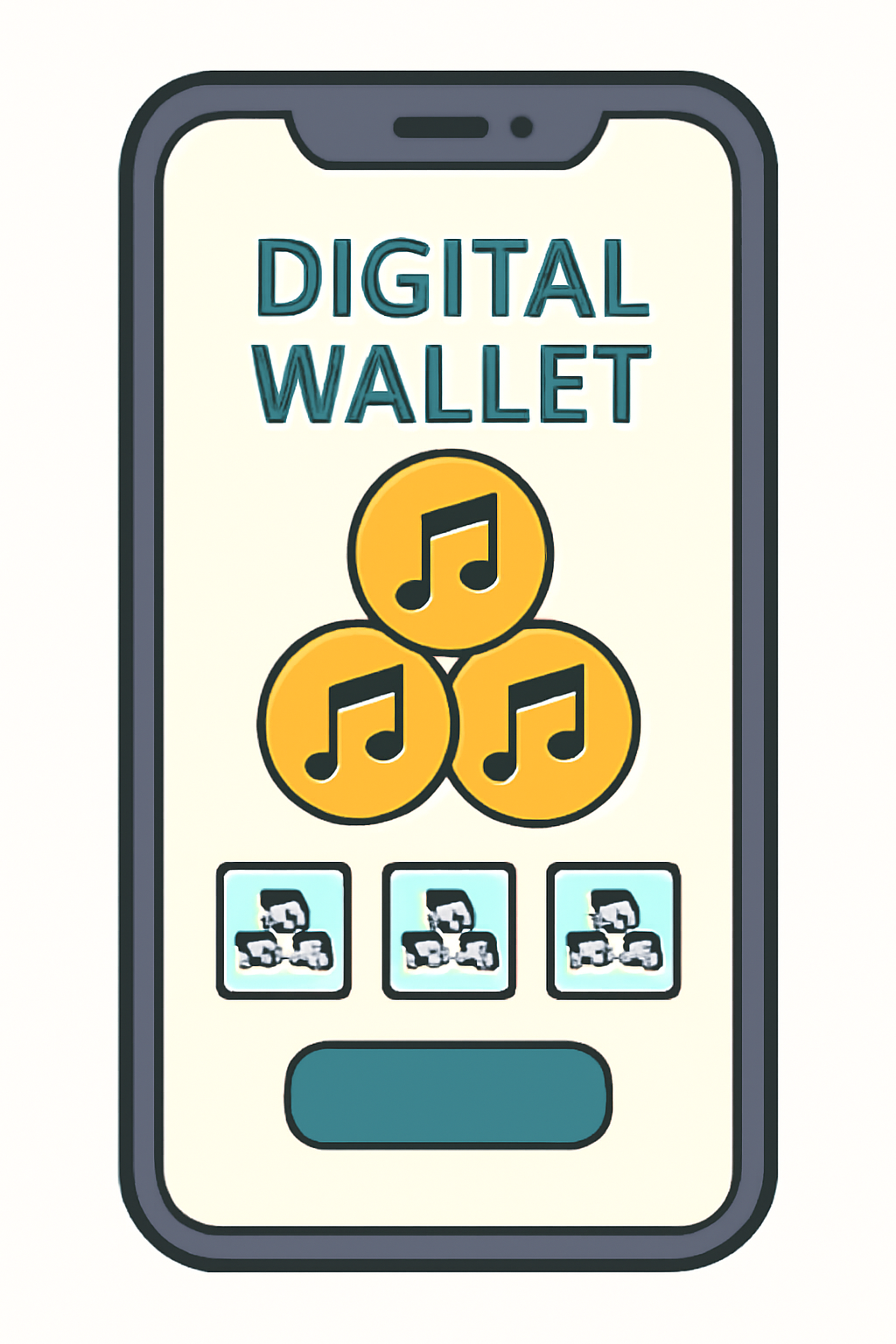 A smartphone displaying a digital wallet app with music tokens and blockchain icons.