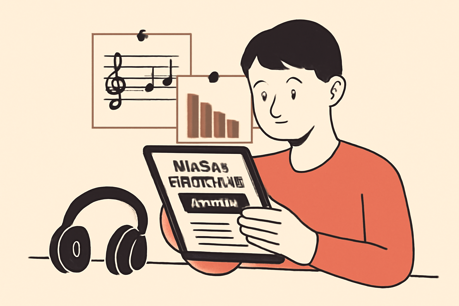 A person reading music industry news on a tablet, with headphones and music charts in the background.