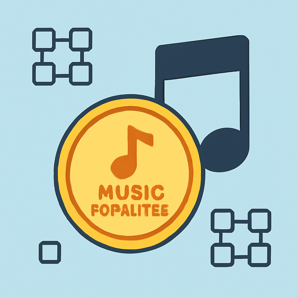 A digital token overlaid on a music note, with blockchain symbols in the background, representing music royalties.