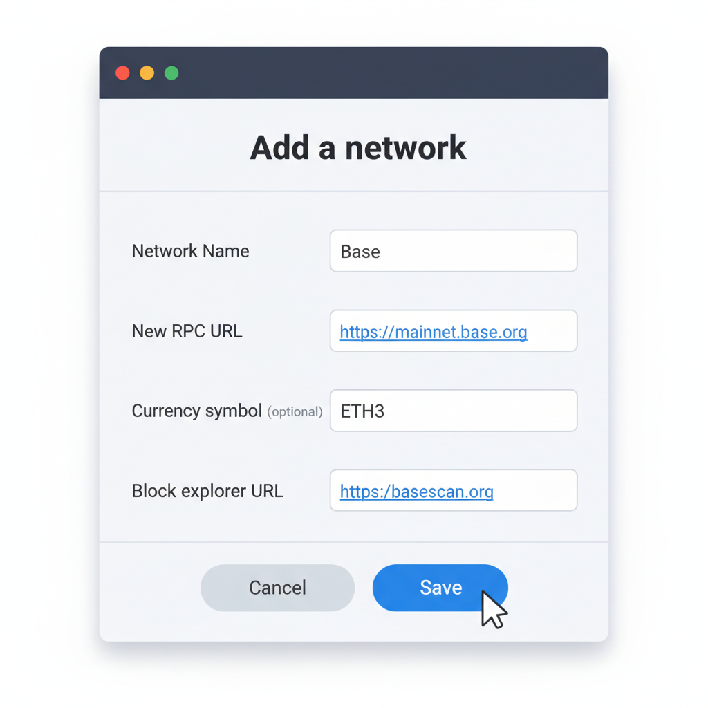 MetaMask add network form filled with Base details RPC URL Chain ID ETH basescan