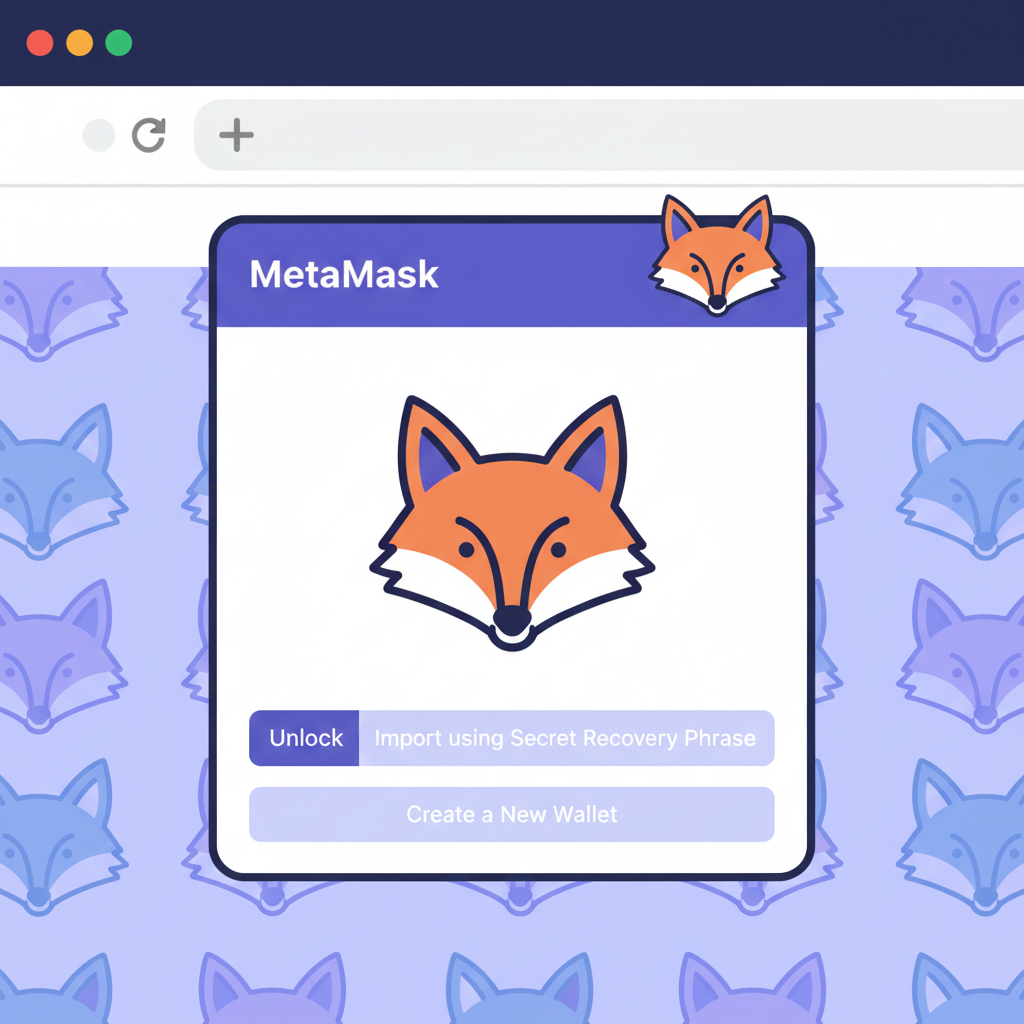 clean screenshot of MetaMask browser extension icon and popup open on fox logo background