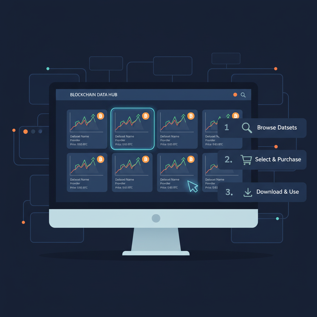 browsing AI datasets on blockchain marketplace website, dataset cards with Bitcoin charts, dark mode