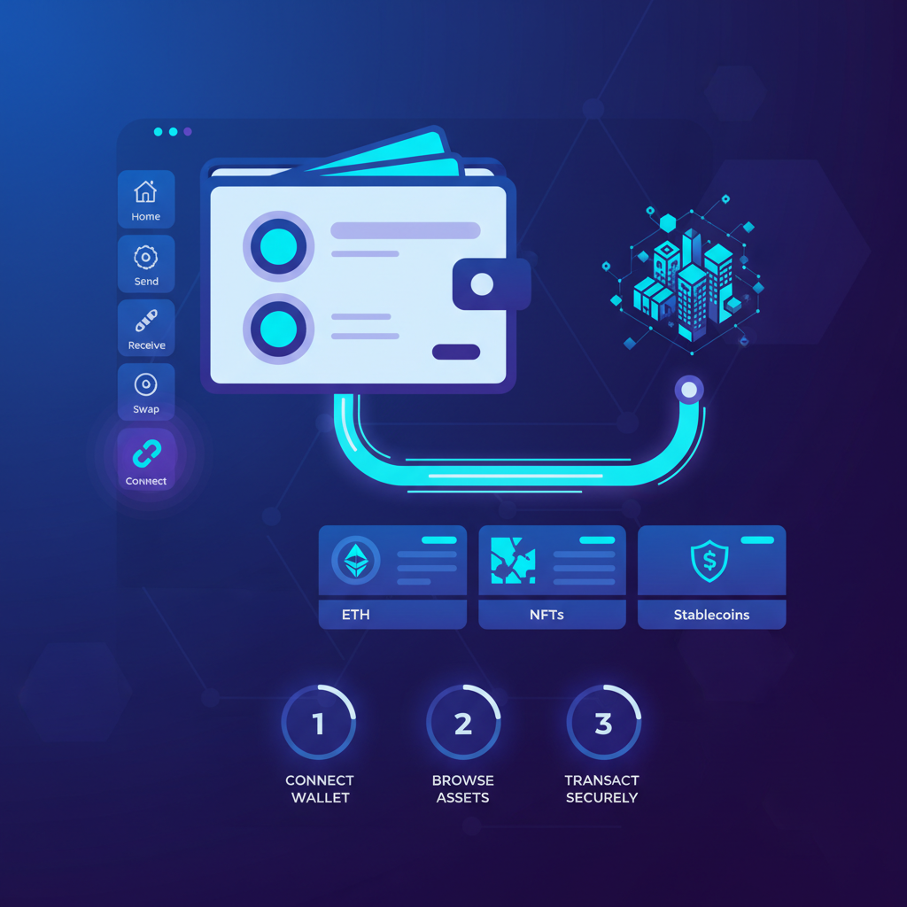 sleek crypto wallet interface connecting to blockchain marketplace, futuristic UI, neon blues