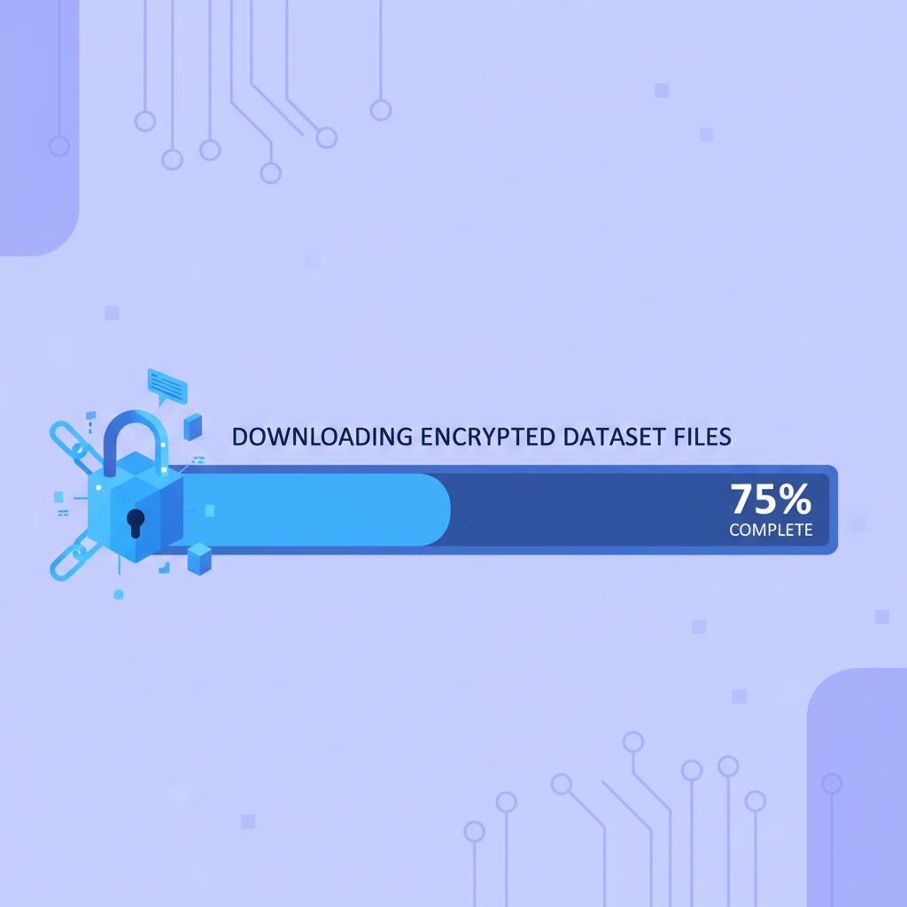 downloading encrypted dataset files, progress bar with blockchain lock icon, high-tech