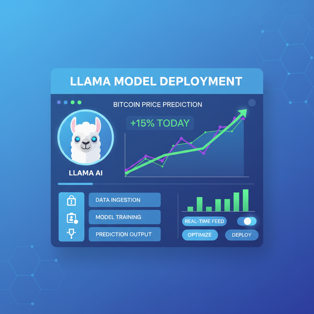 deployed Llama model dashboard predicting Bitcoin prices, charts rising, futuristic AI interface