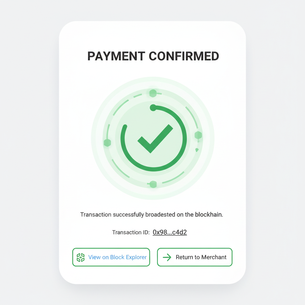 onchain payment confirmation screen, blockchain transaction animation, green checkmark
